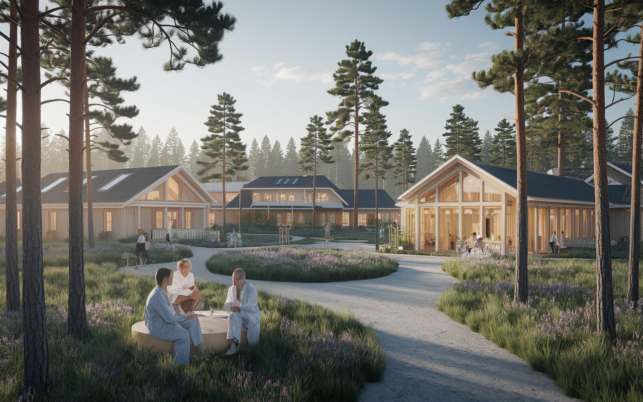 A serene Swedish healthcare facility surrounded by pine forests and traditional wooden houses. The interior is bright with natural light, showcasing healthcare professionals engaged in discussions about patient wellness, and incorporating concepts of sustainability. The landscape embodies Sweden's commitment to wellness and inclusiveness in healthcare.