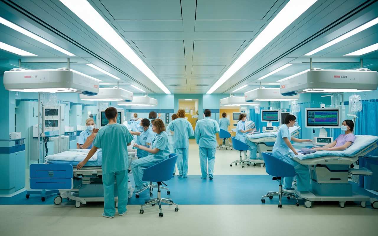 A vibrant scene in a Singaporean hospital with healthcare professionals from various cultures working with advanced medical technology. The modern decor features high-tech equipment and interactive patient care stations. The bustling atmosphere showcases Singapore's efficiency and emphasis on multicultural cooperation in the healthcare industry.