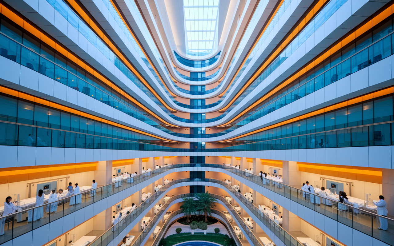 A striking view of a modern UAE hospital reflecting the fusion of traditional and contemporary architecture, filled with healthcare professionals working diligently. The scene emphasizes the rapidly developing healthcare sector with advanced facilities and high-tech equipment, illustrating the opportunities available for medical professionals in the UAE.