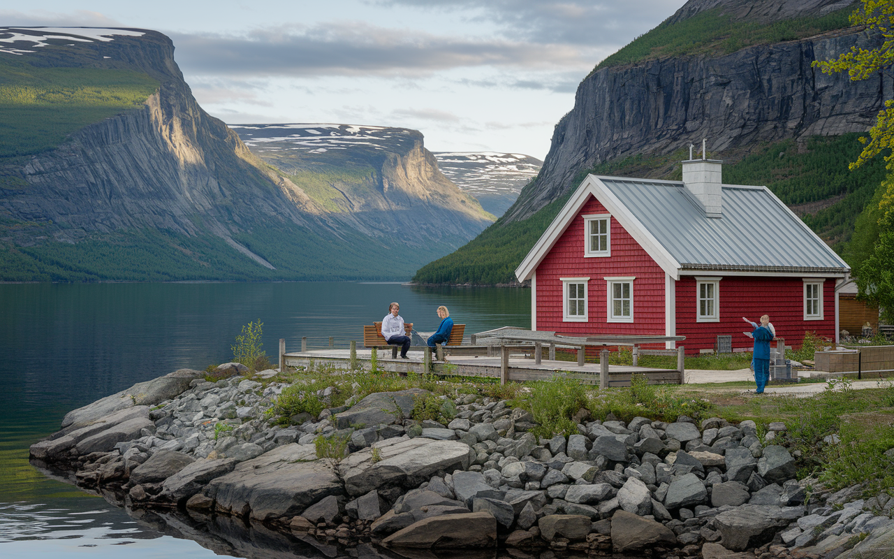 A tranquil Norwegian healthcare facility nestled between beautiful fjords, showcasing healthcare professionals actively engaging with patients in a peaceful, natural setting. The scene captures Norway's commitment to quality healthcare and work-life balance, emphasizing the serene and supportive community environment.