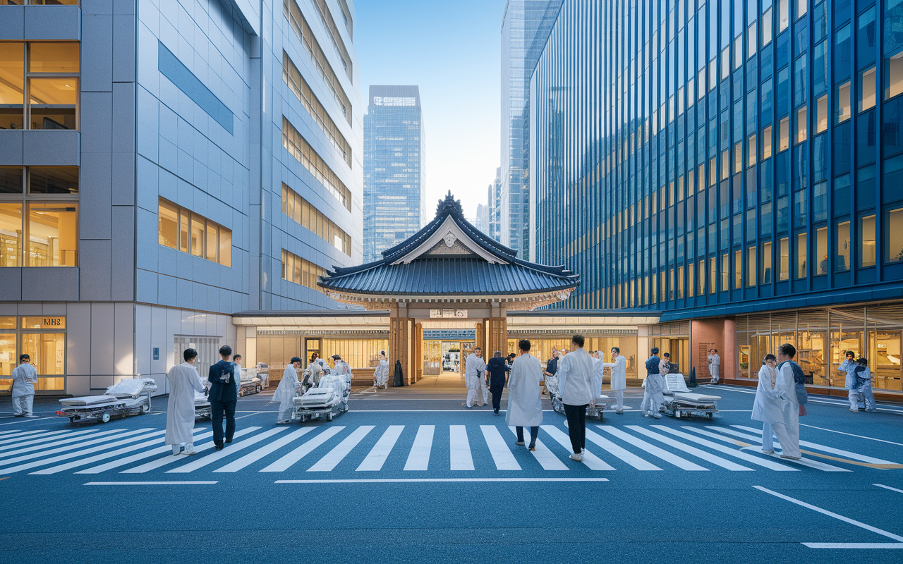 A busy urban Japanese hospital combining traditional elements with cutting-edge technology, with healthcare professionals treating patients efficiently. The scene highlights Japan's dedication to patient care through innovation, with clear communication and advanced medical practices reflected in a harmonious, culturally rich environment.