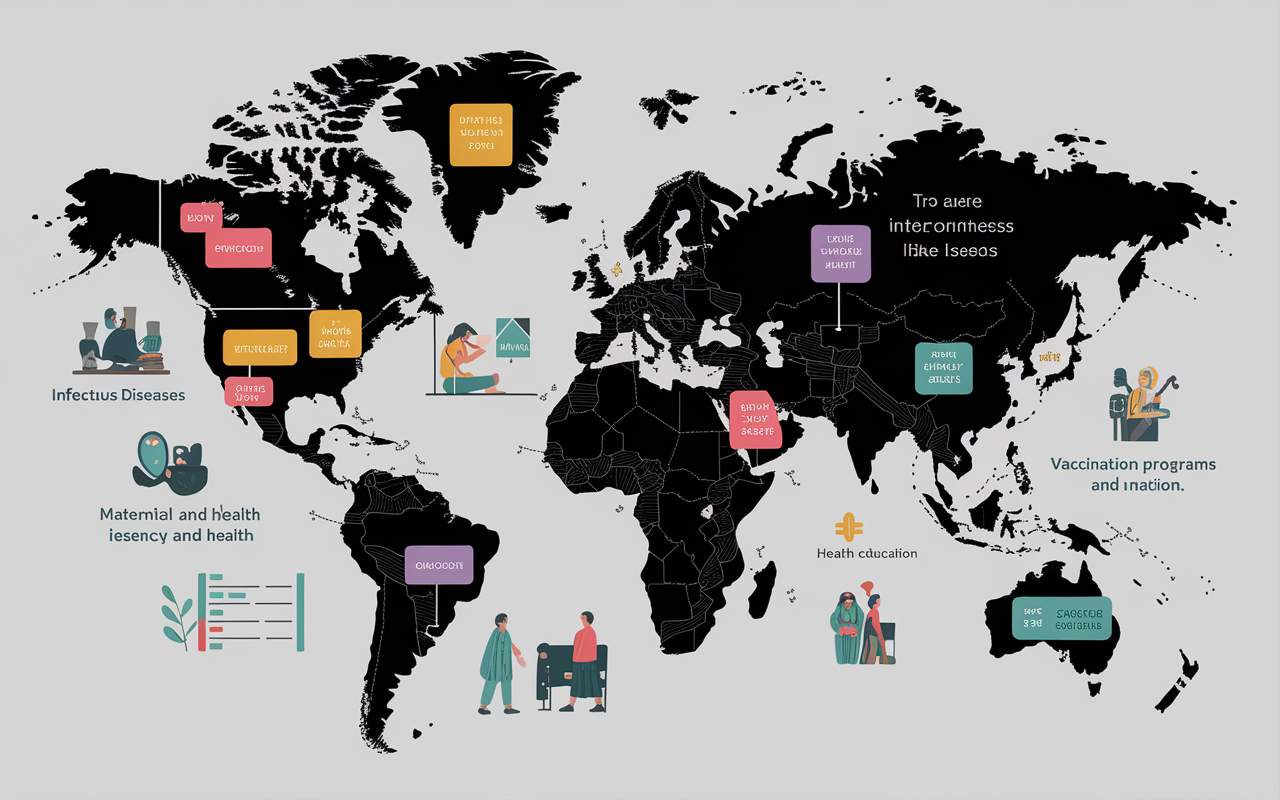 An illustrated world map highlighting various global health issues including infectious diseases, maternal and child health, and nutrition. Different regions are color-coded to indicate the severity of health challenges faced. Infographics and icons represent initiatives like vaccination programs and health education. The design is engaging, with clear labels and symbols that convey the interconnectedness of health issues across nations, fostering a sense of urgency and action.