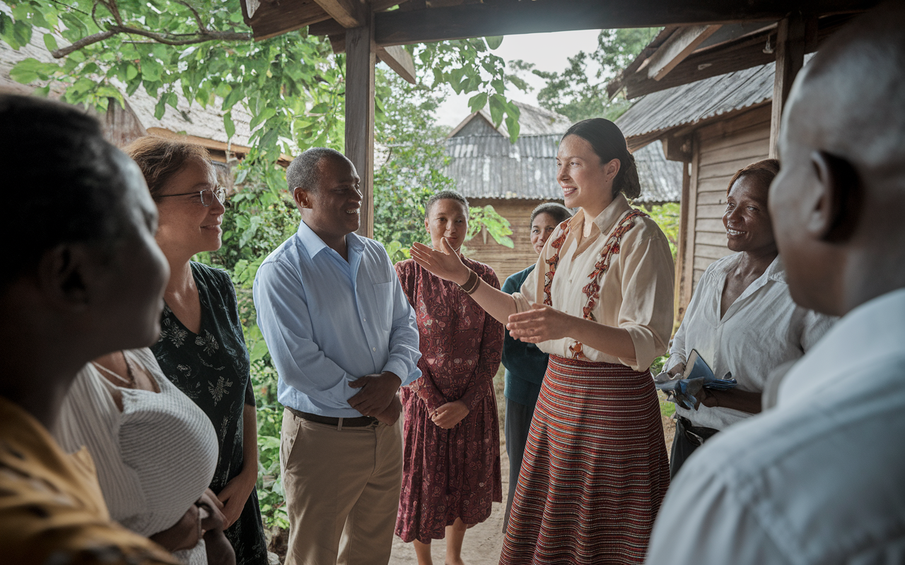 A health worker explaining a health intervention to a group of community members in a tropical village setting. The scene captures the worker in traditional attire, illustrating cultural respect, while local leaders listen intently. The background shows lush greenery and modest homes, with smiles and nods reflecting a respectful dialogue. Natural light creates a warm ambiance, emphasizing community connection and understanding.