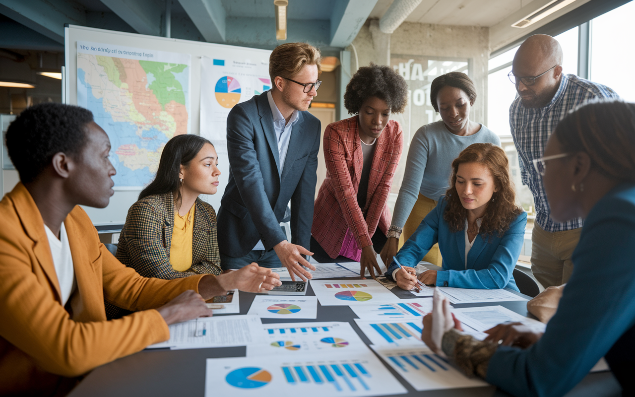 A global health team engaging in a financial planning session in a modest office space. The team is diverse, reviewing charts and budget reports on a whiteboard. There are discussions about funding strategies with maps and program visuals in the background. Soft overhead lighting creates an inspiring work environment, showcasing teamwork and determination to secure resources for health projects.