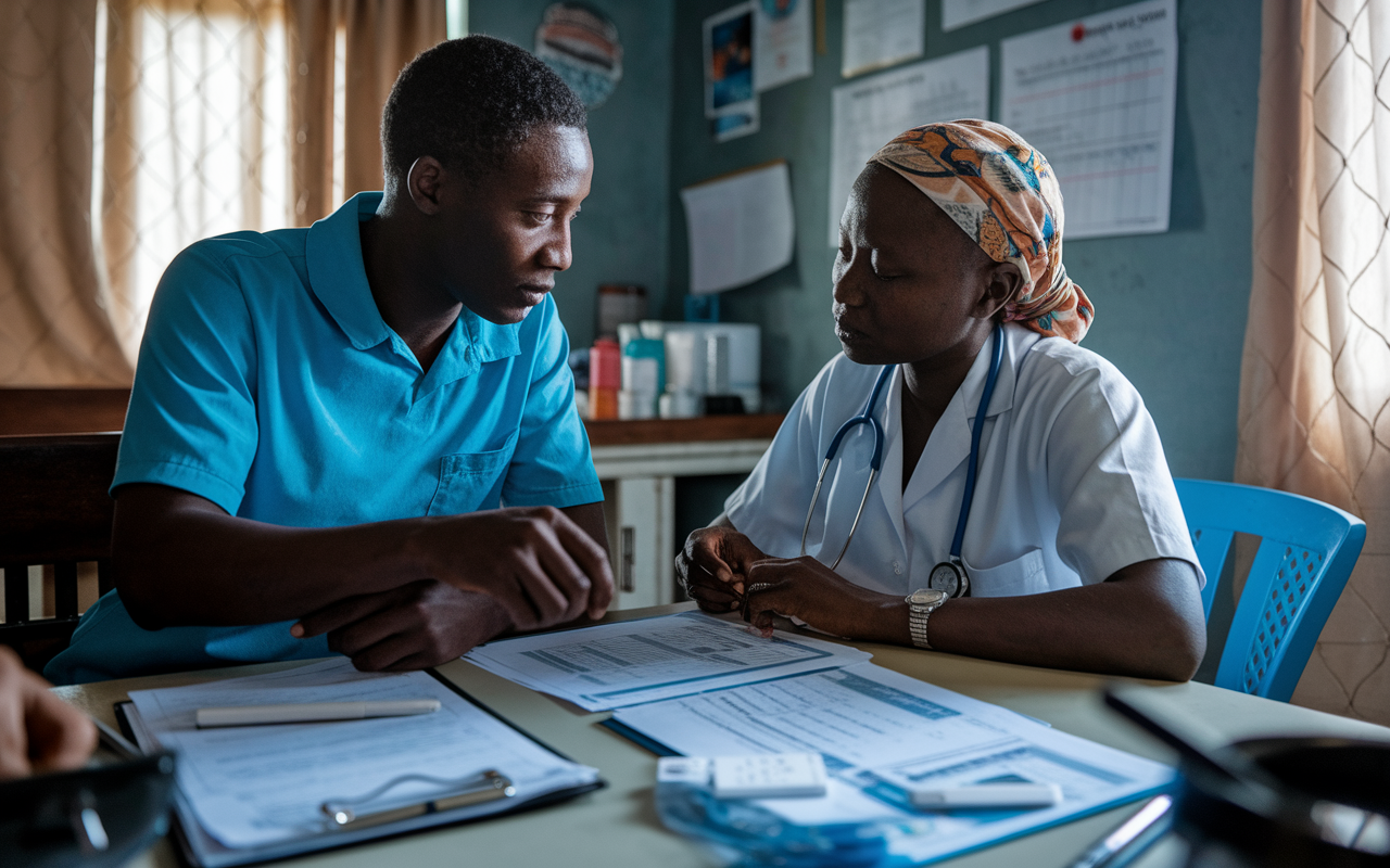 A health worker conducting a needs assessment with a local healthcare provider in a village clinic. The setting is intimate, with charts and medical supplies present. The two individuals are engaged in discussion, with the provider sharing insights while looking at a patient record. Gentle, natural light streams through a window, highlighting the collaborative atmosphere.