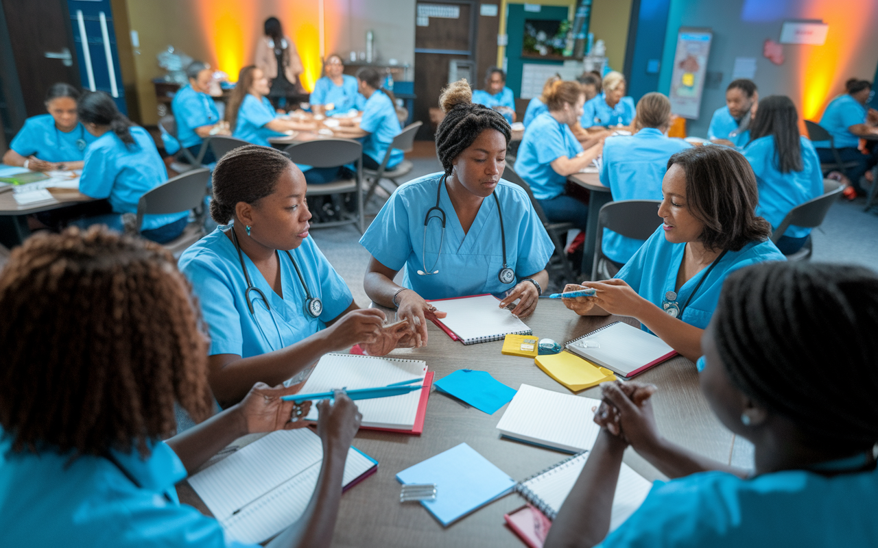 A group of healthcare workers participating in a training session focused on skill development in a community center. The atmosphere is dynamic with notes and training materials spread out on the tables. Participants are engaged in interactive exercises, with a facilitator guiding the session. Bright ambient lighting adds to the uplifting environment, showcasing empowerment and growth.