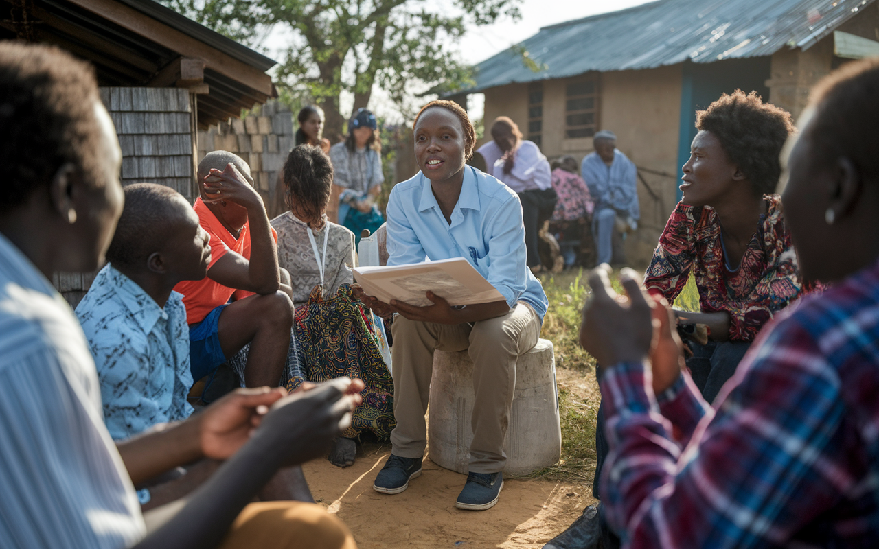 A community health worker in West Africa speaking with local residents during the Ebola outbreak. The worker is using culturally relevant materials to convey messages about health safety. Individuals from the community are actively participating, showing engagement and trust. The setting is vibrant, with traditional houses and community members dressed in everyday clothing. Afternoon sunlight casts a hopeful tone over the gathering.