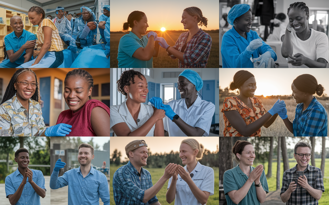 A montage of successful global health initiatives showcasing diverse communities engaged in healthcare activities. Each scene reflects joy and hope, from vaccinations being administered to educational sessions led by local health workers. The sun sets in the background, symbolizing progress and new beginnings. The visuals encapsulate the essence of collaborative efforts highlighted in the article, evoking emotions of unity and commitment to global health.