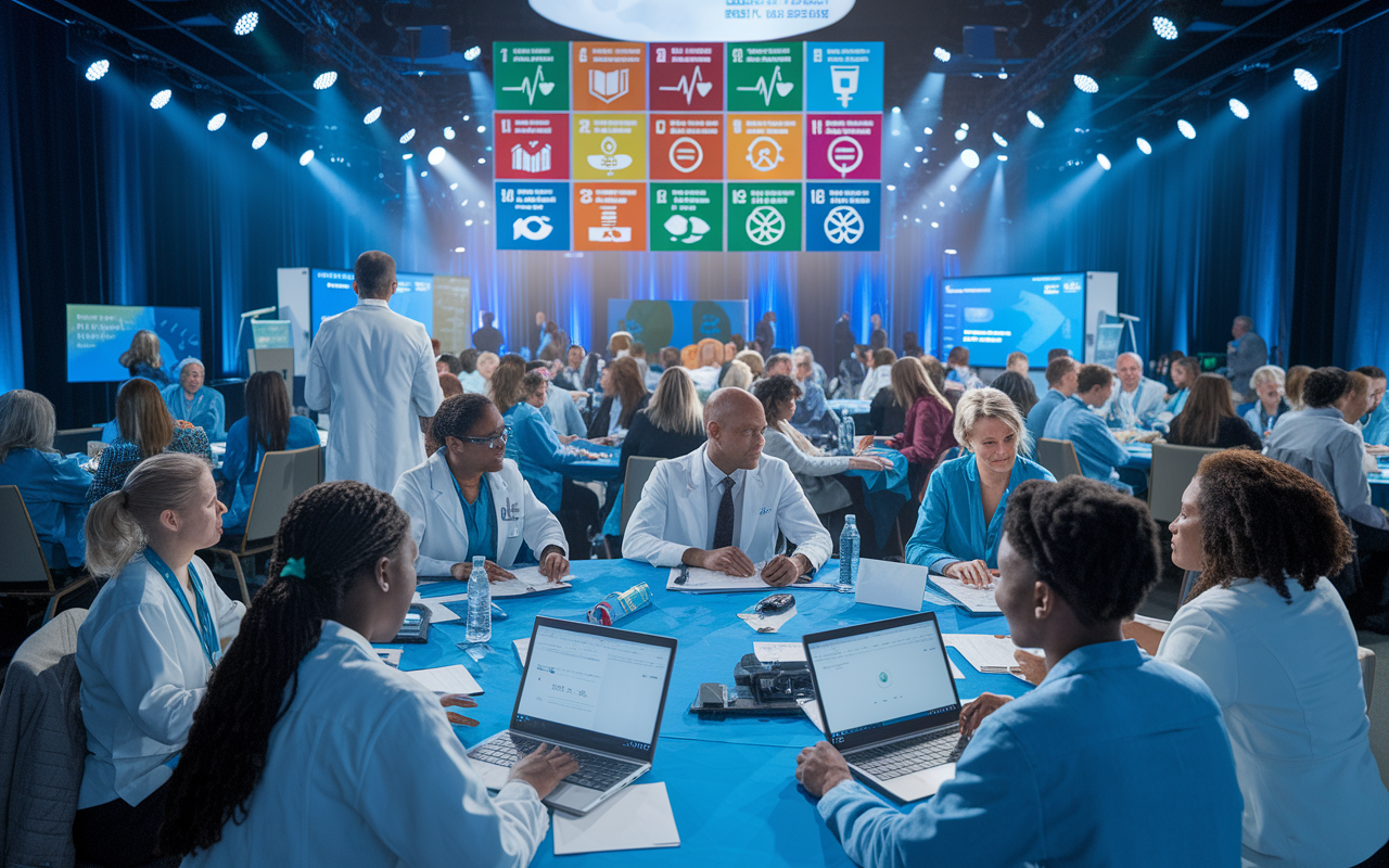 An engaged conference scene showcasing healthcare professionals actively participating in a global health initiative. The attendees are of different ethnicities, representing a global community. There’s a large banner overhead with symbols of the Sustainable Development Goals. Various healthcare materials and laptops are visible on the tables. The lighting is bright with a focus on the enthusiastic expressions of participants who are sharing ideas and collaborating. The environment radiates hope and a shared mission. Realistic style with a vibrant and earnest atmosphere.