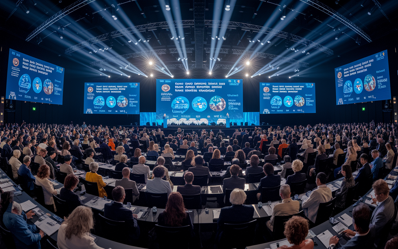 A panoramic view of a global health conference hall filled with attendees from various nations. Experts are giving presentations on public health issues with high-tech screens displaying data and visuals about disease prevention and health equity. The atmosphere is charged with energy and learning, with attendees taking notes and engaging in discussions. Bright stage lighting highlights the speakers, while the crowd reflects a diverse mosaic of cultures. Photorealistic style with high attention to detail in clothing and expressions.