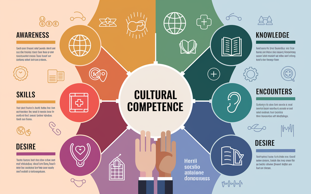 An infographic illustrating the components of cultural competence in healthcare. The image features vibrant sections detailing awareness, knowledge, skills, encounters, and desire. Each section includes icons representing key concepts, such as a globe for awareness, a book for knowledge, and ear for skills. The background is soft and neutral to make the colorful elements stand out, conveying a sense of clarity and education.