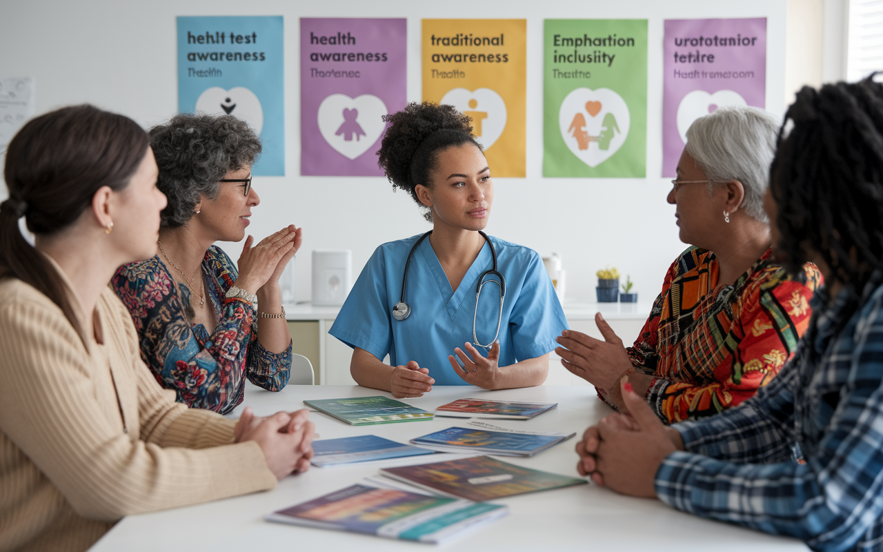 A community health worker from a minority background interacting with a group of diverse patients in a bright clinic setting. They are conversing about health concerns with cultural materials and pamphlets spread across the table. The patients look engaged and respectful, displaying a variety of traditional attire. The room is decorated with posters promoting health awareness in multiple languages, emphasizing inclusivity and understanding.