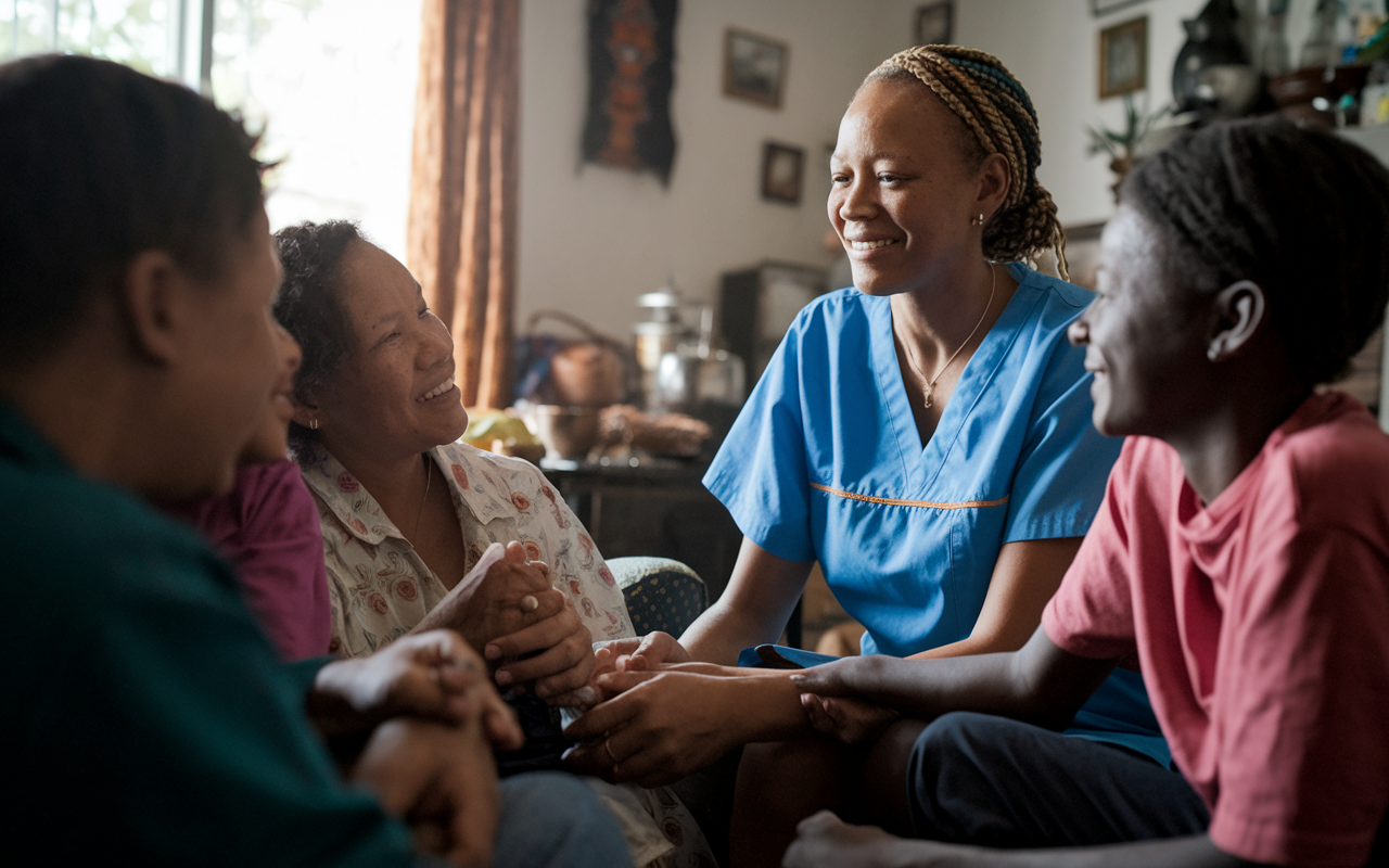 A heartwarming scene of a community health worker providing care and guidance to a family in their home. The room is cozy and welcoming, with cultural artifacts visible in the background. The health worker is attentively listening to the family, who express comfort and trust in the interaction. Natural light filters through a window, creating an inviting atmosphere of warmth and community engagement.