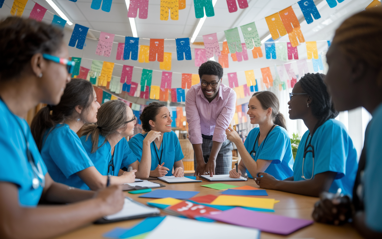 A group of health workers engaged in an interactive cultural competence training session led by a diverse instructor. Participants are actively discussing and sharing experiences, with notepads and colorful materials on the table. The room is filled with multicultural symbols and decorations, enhancing the learning environment. The lighting is bright, encouraging participation and collaboration.