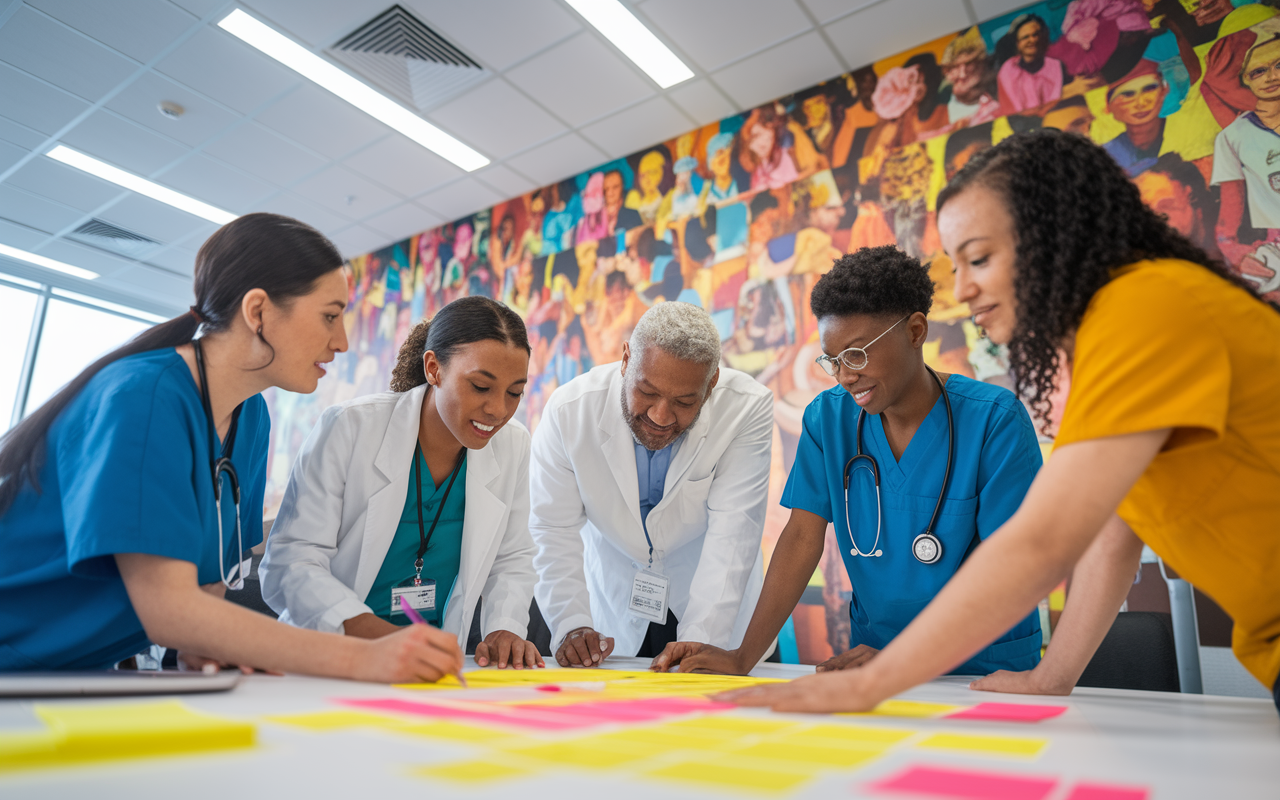 A dynamic scene of a diverse healthcare team collaborating on a project in an open office space. Team members of various ethnicities are brainstorming ideas with colorful sticky notes and charts around them. The walls are adorned with multicultural artwork, infusing the environment with energy and inclusiveness. The lighting is bright and inspiring, highlighting the team's synergy.