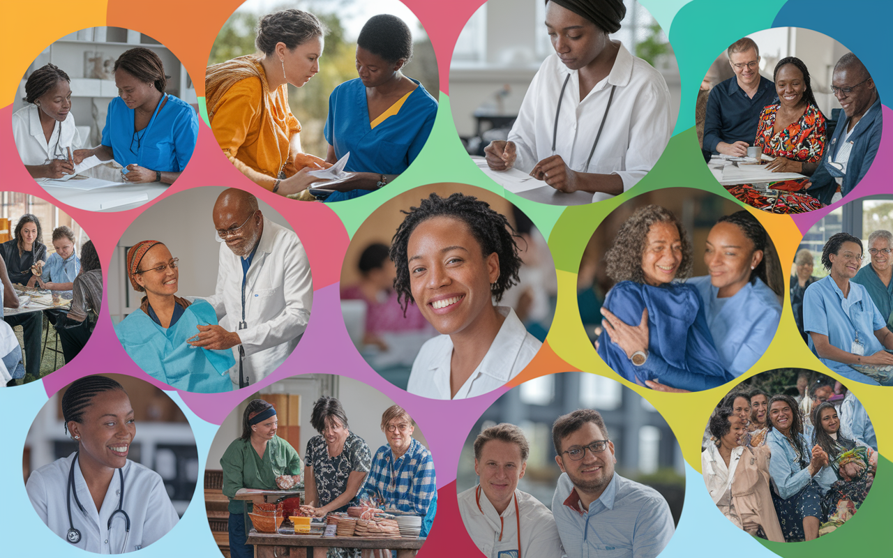 An inspirational collage showcasing various cultural health initiatives around the world. It features images of health workers from different backgrounds conducting community health campaigns, patients engaging positively with healthcare providers, and community events celebrating diverse cultural practices. The background is a blend of bright and warm colors, symbolizing hope and unity in global health efforts.