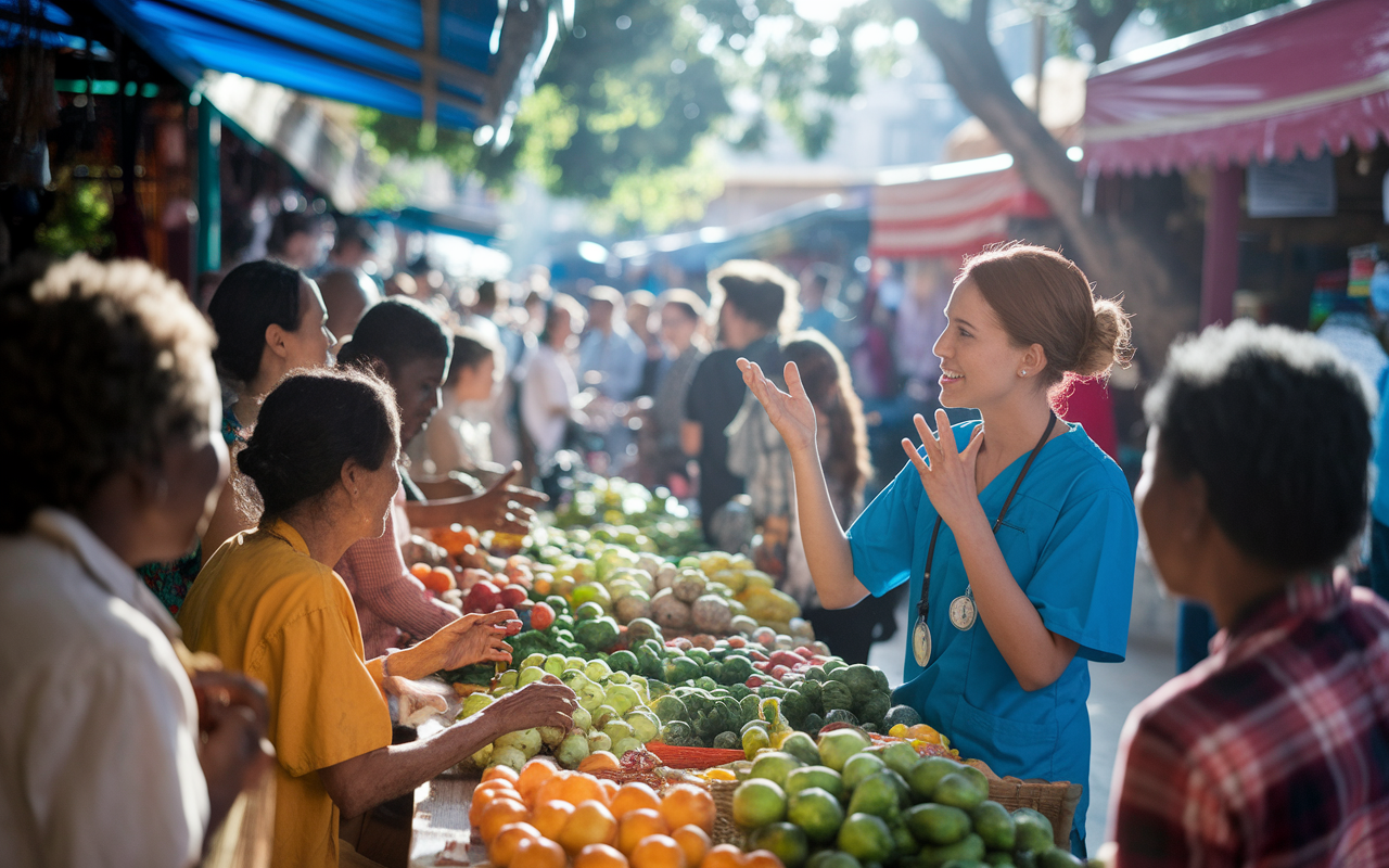 A healthcare worker interacts with local villagers in a vibrant market setting. The scene is filled with colorful stalls selling fresh produce and local crafts, with community members chatting and laughing. The healthcare worker, wearing culturally appropriate attire, gestures animatedly, explaining health practices. Sunlight filters through the trees above, creating a warm and inviting atmosphere, showcasing the rich cultural tapestry of the community.