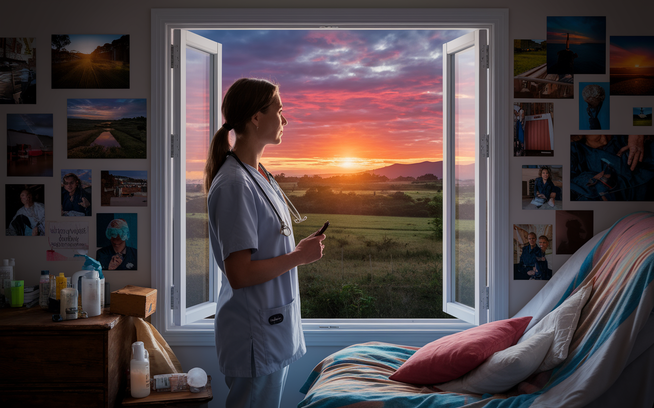 A contemplative scene of a healthcare professional standing by a window, gazing at a vibrant sunset over a rural landscape after returning from a global health assignment. The room is filled with personal items reflecting their journey, such as photographs, souvenirs, and medical supplies. The soft, warm light of the sunset illuminates the person's thoughtful expression, symbolizing reflection, growth, and the impact of their experiences on global health.