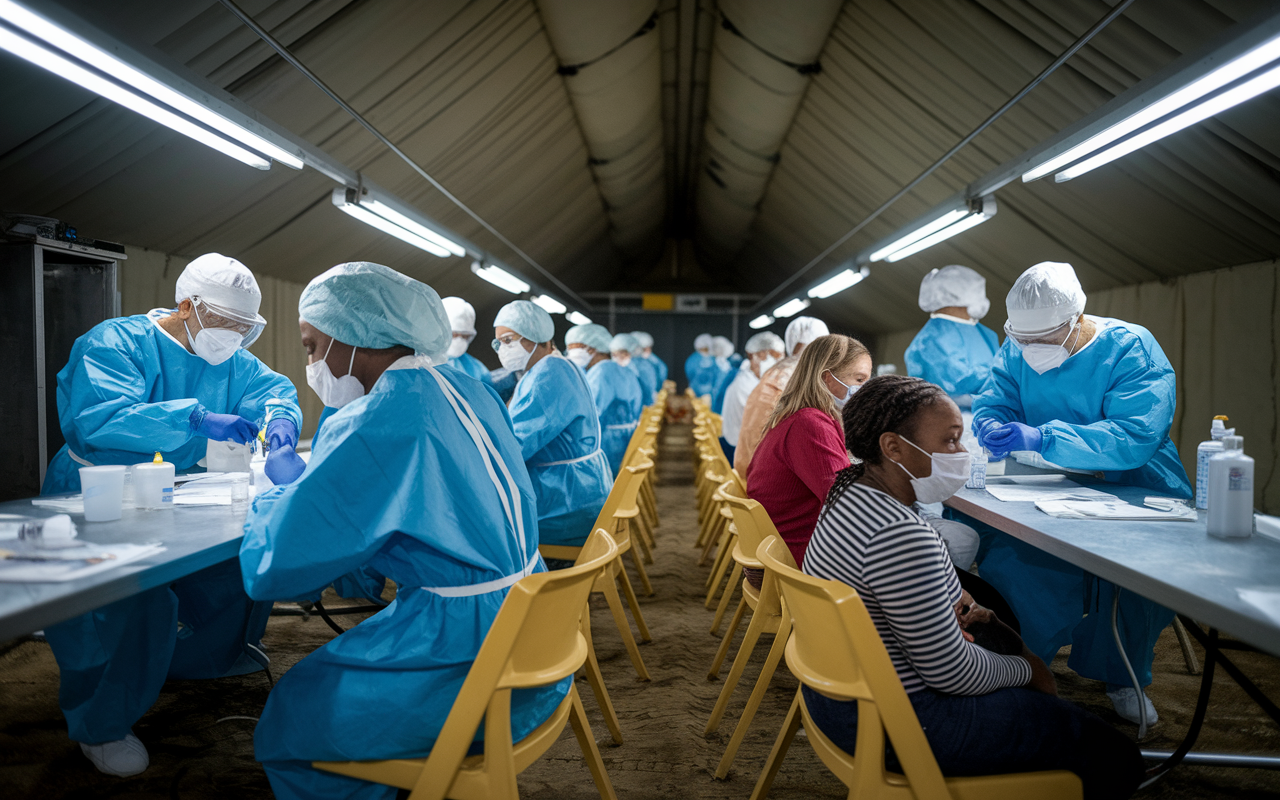 A focused moment showcasing healthcare workers in protective gear treating patients in a field hospital during an infectious disease outbreak. The setting is intense, with medical staff administering vaccines to children and adults in a makeshift clinic under a large tent. Bright fluorescent lights illuminate the area, highlighting determination and urgency. Emotional expressions on patients' faces reflect hope and anxiety, capturing the critical work being done to combat diseases like Ebola or COVID-19.