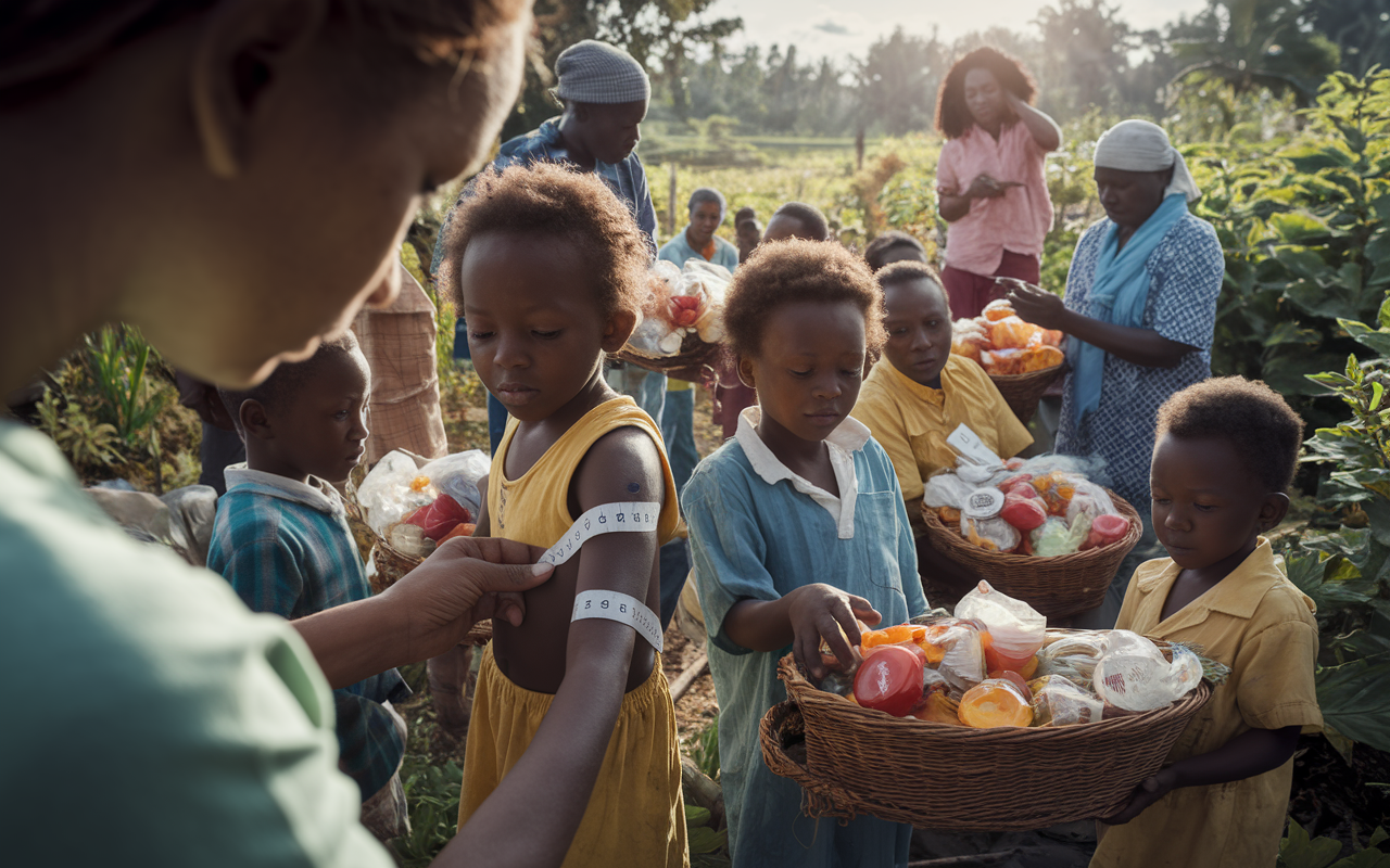 An intimate scene where aid workers are distributing nutritious food to families in a rural setting suffering from malnutrition. The focus is on a caregiver measuring a child's arm with a MUAC strap to assess malnutrition. Around them, other children eagerly receive food packets filled with vitamins and essential nutrients amid a backdrop of lush yet struggling farmland. The atmosphere is filled with hope and urgency, sunlight dappling the areas where workers educate families on nutrition, with vibrant details emphasizing the importance of food security.