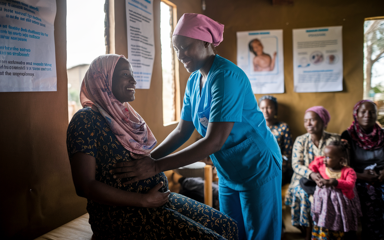 A warm, nurturing scene of a healthcare worker assisting a pregnant woman during a prenatal checkup in a field clinic set up in a conflict zone. The healthcare worker provides a reassuring smile, reinforcing trust. Surrounding the scene, there are educational posters about maternal health on the walls. Soft natural light filters through the window, creating an atmosphere of safety and compassion, as other mothers and children wait outside for their turn in this essential health service.