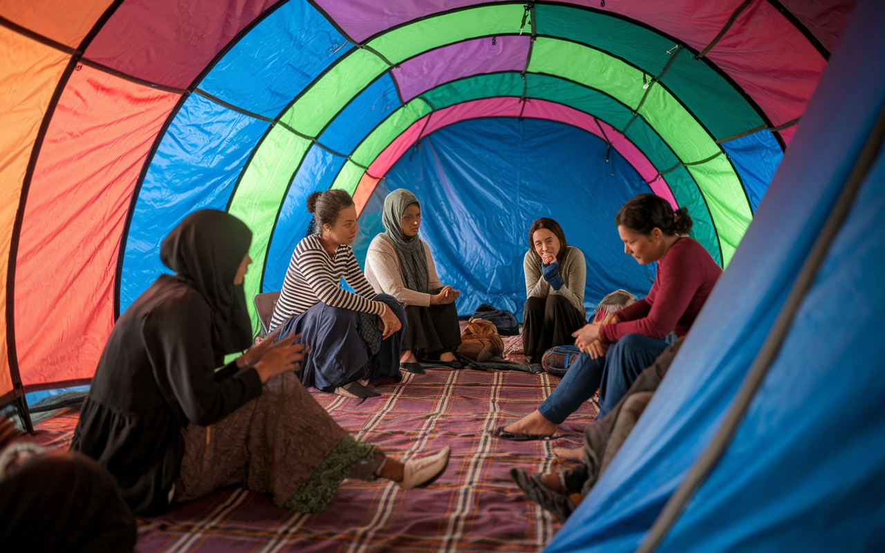 A poignant scene capturing a mental health support session in a refugee camp, where facilitators provide counseling to women sharing their experiences of trauma. Colorful tents provide shelter, and participants engage in reflective discussions, creating a sense of community and support. The setting is filled with warmth and empathy, with soft light filtering through the tents, creating an overall atmosphere of healing and resilience.