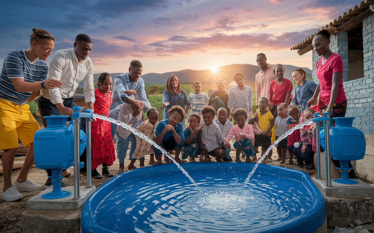 A dynamic scene where humanitarian workers are installing water pumps and sanitation facilities in a refugee settlement. Children and families gather around, joyful and curious, as clean drinking water flows from a newly installed source. Workers demonstrate hygiene practices while vibrant, colorful banners promote health education. The sun sets in a picturesque background, symbolizing new beginnings and the vital importance of clean water for health.