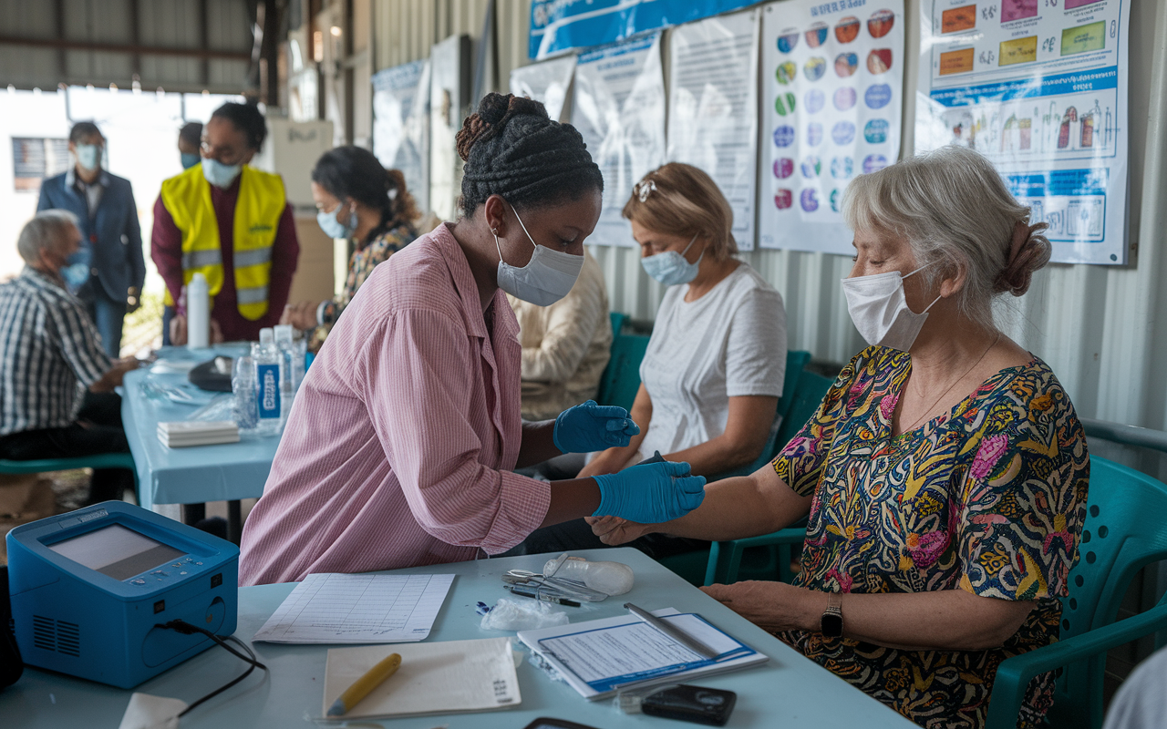 A detailed scene of a community health worker conducting a diabetes screening in a makeshift clinic after a disaster. The worker uses various medical equipment to check the blood sugar levels of a local patient, while others in line wait patiently. The setting is community-driven, with charts showing healthy lifestyle choices prominently displayed. Bright lighting and a supportive atmosphere emphasize the crucial work of managing chronic illnesses amidst challenging conditions.