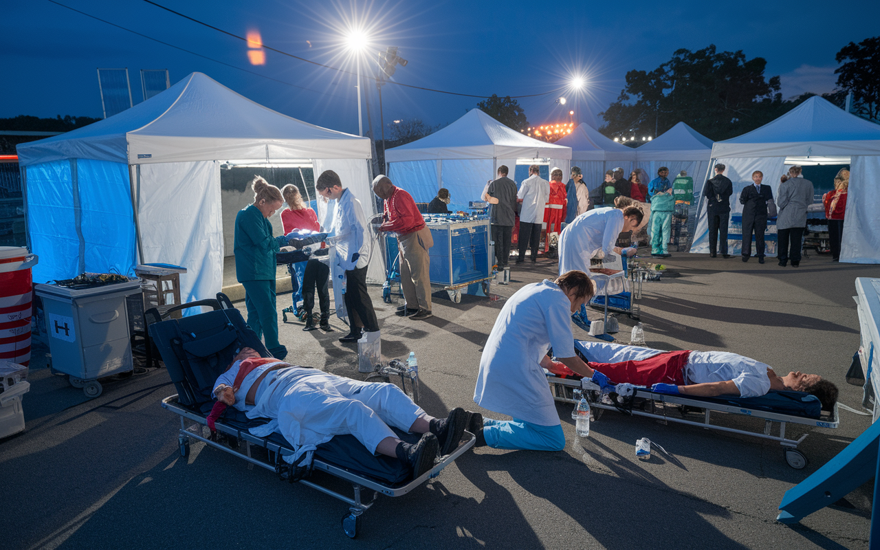 A harrowing yet inspiring scene showcasing trauma care being provided to injured survivors immediately after a disaster. Medical personnel are busily attending to patients with visible injuries in an outdoor emergency medical facility. Tents and equipment are set up to offer rapid assistance, while volunteers work tirelessly in the background. Bright emergency lights illuminate the area, creating a stark contrast to the chaos, highlighting the urgency and dedication of responders.