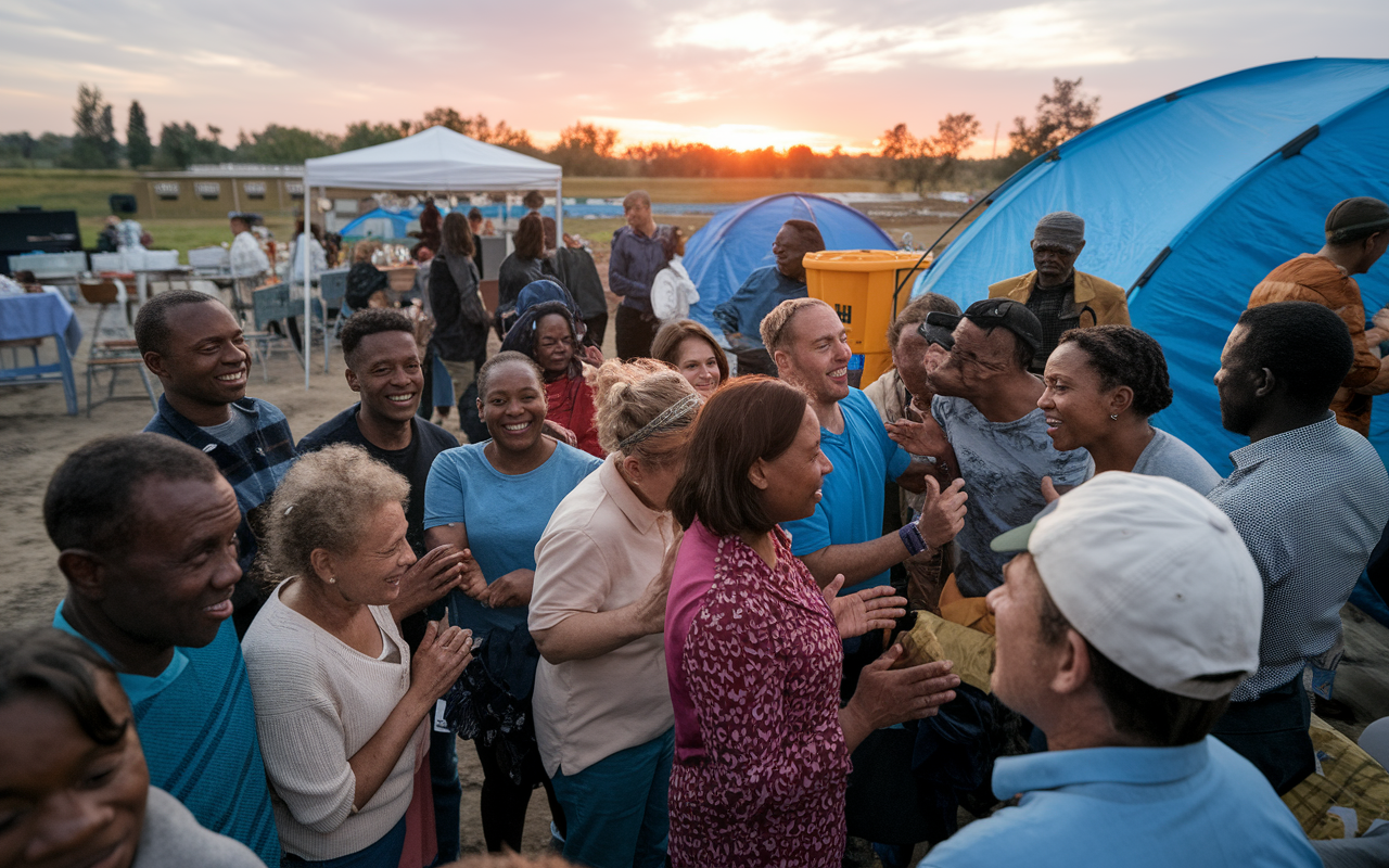 A heartfelt scene showcasing a community gathering, expressing gratitude towards humanitarian workers after receiving aid. People of all ages are smiling and exchanging stories, reinforcing community bonds. Tents and medical supplies in the background illustrate the ongoing humanitarian effort, while a sunset symbolizes hope and recovery. The lighting casts a warm hue, creating an uplifting atmosphere of resilience and support.