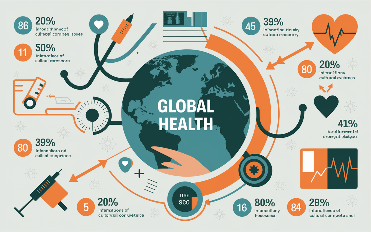 An engaging infographic illustrating the concept of global health. It features interconnected elements such as a globe, health symbols (like a stethoscope, vaccine syringe, and heart), and statistics on pandemics and health disparities. Soft colors dominate the design, and arrows connect various aspects of global health issues, showcasing the importance of international collaboration and cultural competence.