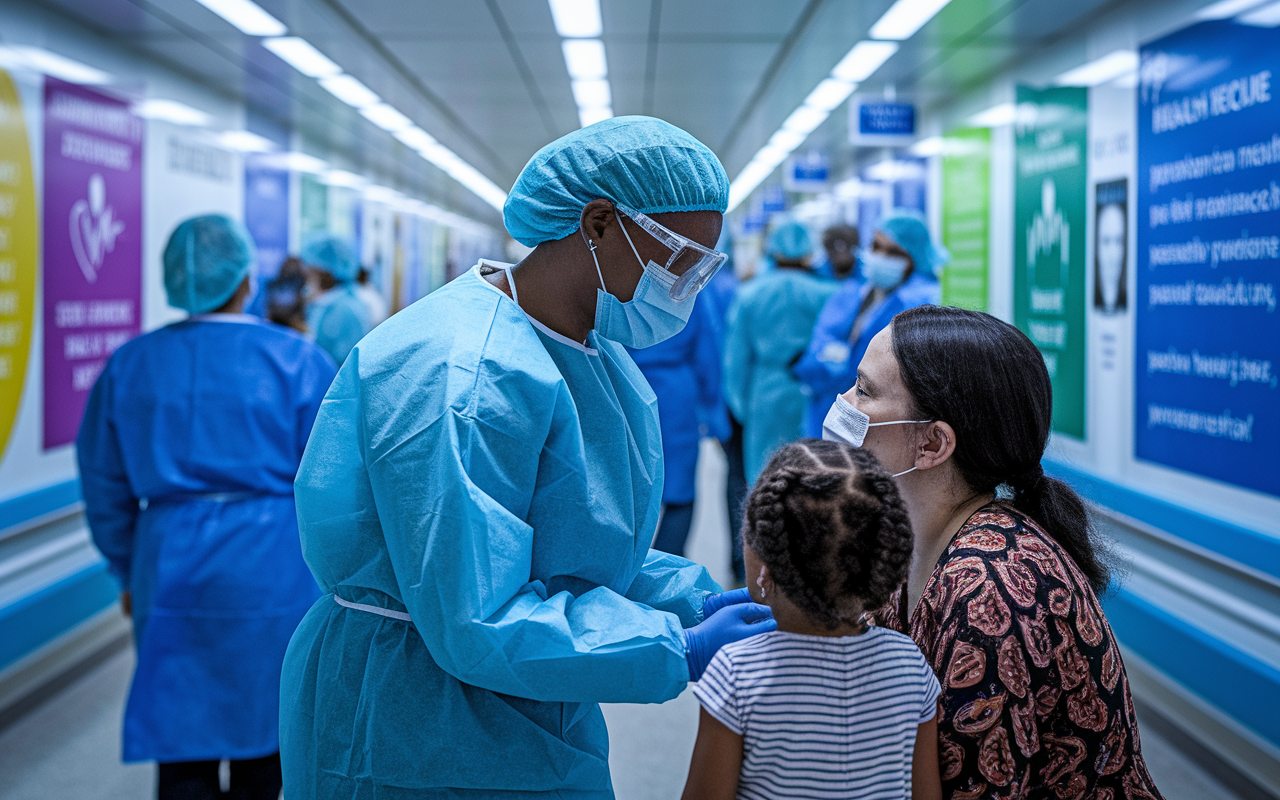 A passionate global health worker in a hospital, interacting with patients and staff. The worker wears protective gear and is engaged in a serious conversation with a mother and her child, showcasing empathy and dedication. The busy hospital corridor in the background has bright lights and various healthcare posters promoting health equity, reflecting the fervor of global health advocacy.