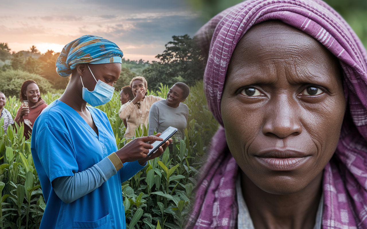 A healthcare worker using a mobile device in a developing country to track health data. The scene shows the worker in a field with locals, collecting data via a mobile app. The background features lush greenery and the face of local residents expressing hope for better health services. The atmosphere conveys innovation and community engagement, epitomizing the melding of technology and healthcare in modern global health initiatives.