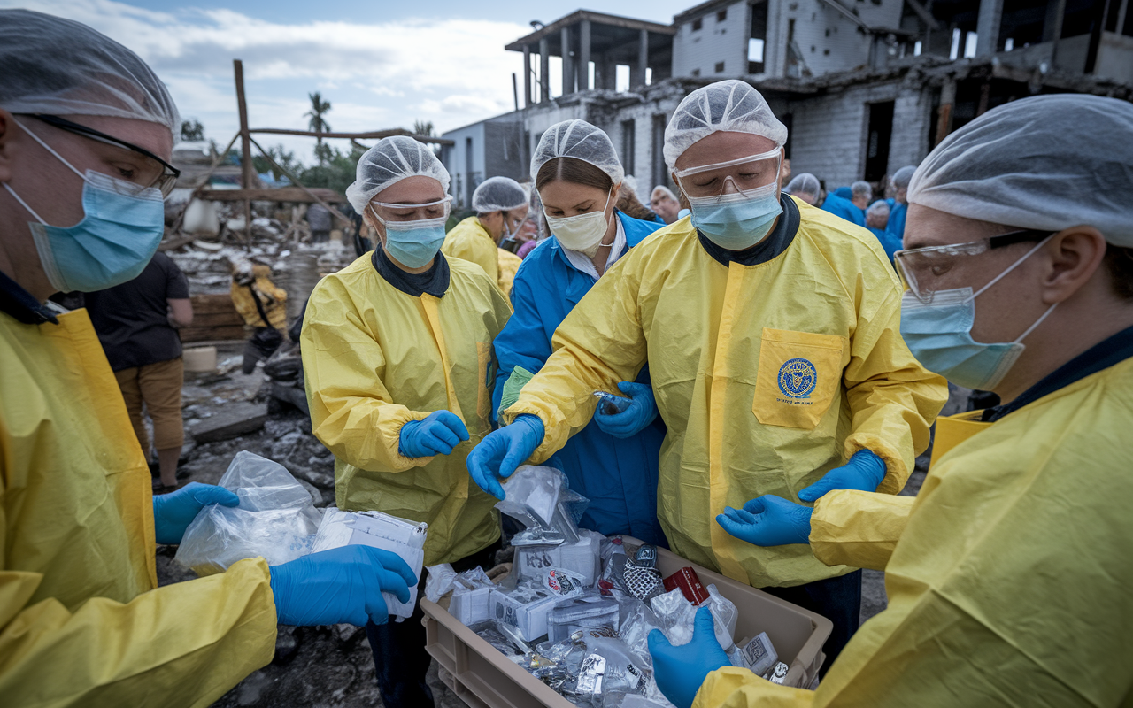 A global health team working in a challenging environment, such as a disaster zone or conflict area, providing assistance to local communities. The workers, wearing protective gear, distribute medical supplies and offer care to individuals in need. The backdrop shows damaged buildings and efforts to rebuild, while the expressions of determination and care reveal the resilience and strength of the team in adverse conditions.