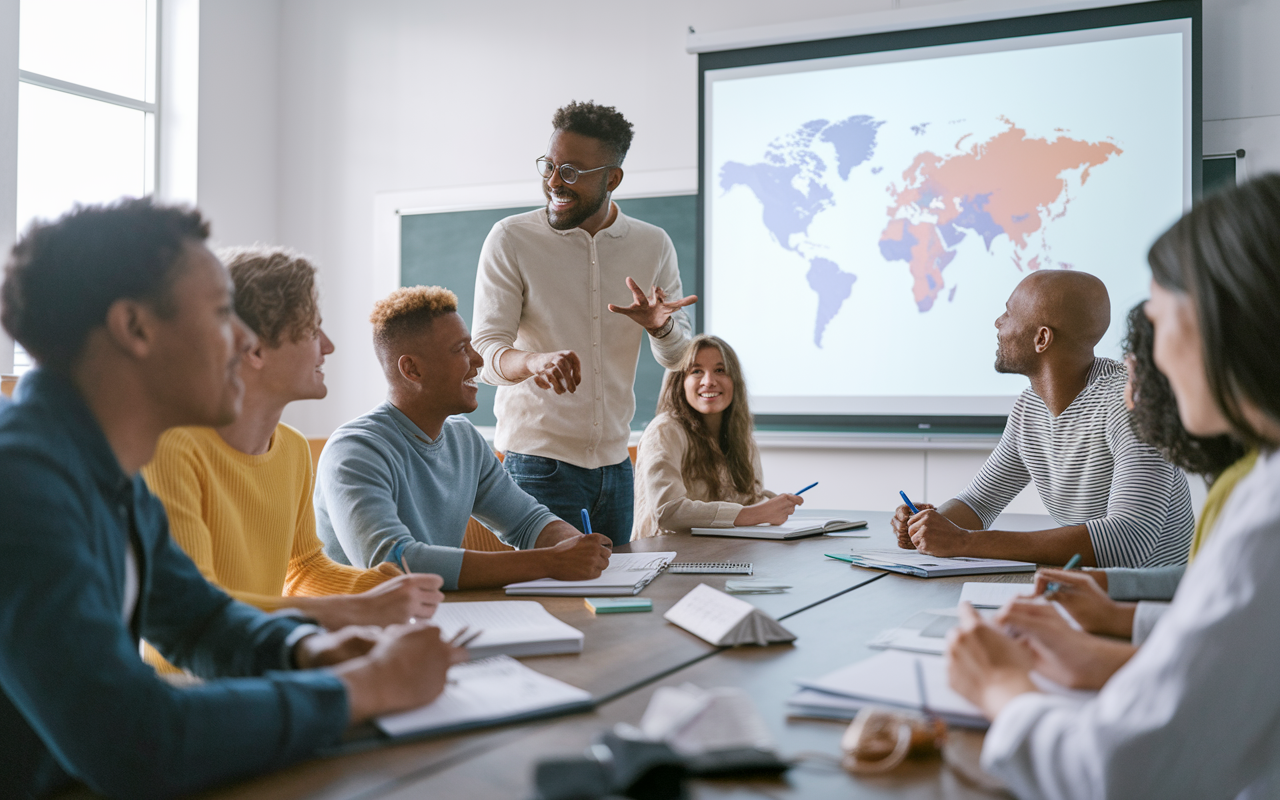 A diverse classroom setting with students from various backgrounds engaged in global health studies. The instructor, passionately discussing global health challenges on a projector, while students take notes and participate in discussions. Bright, optimistic lighting fills the room, emphasizing the excitement of learning and the diverse paths that individuals take toward impactful careers in global health.