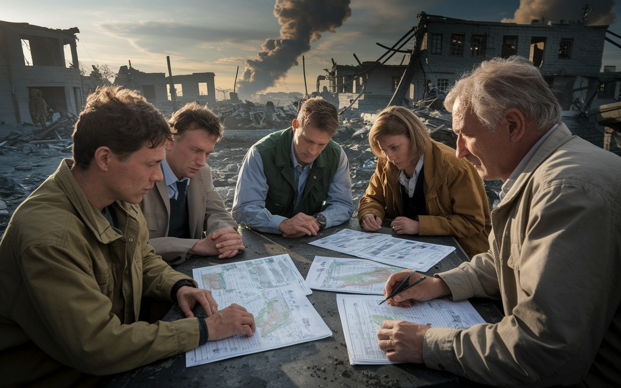 A thought-provoking scene depicting humanitarian workers facing challenges in a conflict zone. The backdrop features a war-torn landscape, with damaged buildings and clouds of smoke, while workers consider strategic maps and resources. The image captures a mix of determination and concern on their faces, illustrating the urgency of the situation. Dramatic lighting adds a sense of urgency and realism to the scene.