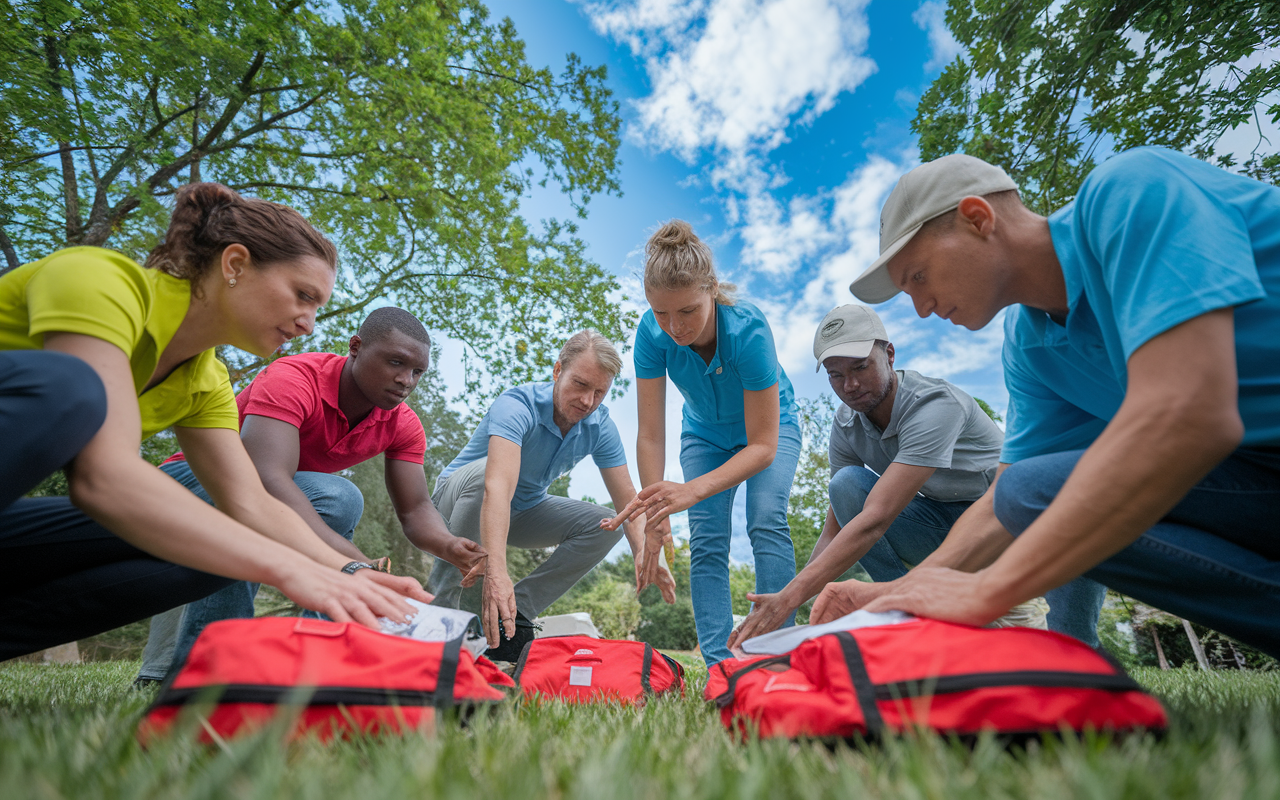 A vibrant outdoor training session with humanitarian workers instructing local community members on disaster response skills. Enthusiastic participants are practicing with first aid kits and emergency management techniques under a blue sky. The scene captures collaboration, empowerment, and a sense of community learning, surrounded by lush green trees and an inviting atmosphere. Bright colors enhance the positive energy of the training.