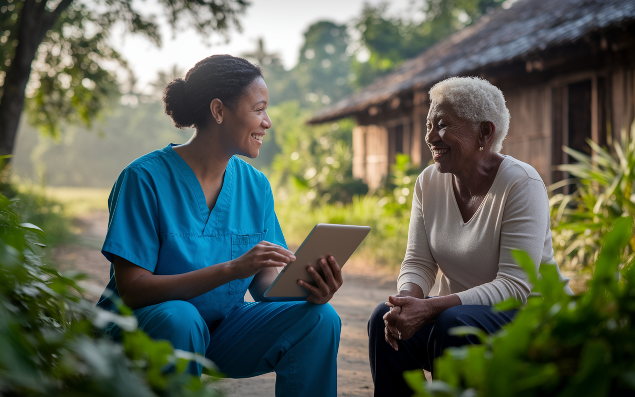 An intimate scene depicting a healthcare worker speaking with a patient through a video call on a tablet outdoors, surrounded by vibrant greenery of a rural environment. The healthcare worker is dressed in scrubs and looks engaged and compassionate, while the patient appears relieved and grateful. Soft, natural lighting casts a warm glow, emphasizing the connection made through technology. Include elements like a traditional home in the background showcasing the rural context.