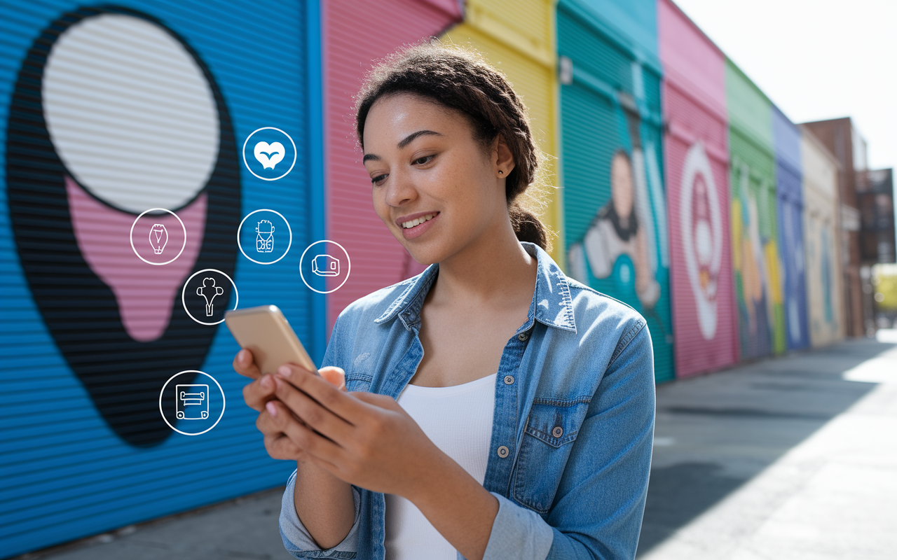 A visually engaging image portraying a young woman using an mHealth application on her smartphone in a colorful urban setting. The background features murals promoting health education. She looks enlightened and empowered as she learns about reproductive health options, with icons of health tips and infographics floating around her. Bright, cheerful colors and natural daylight enhance the atmosphere of empowerment.