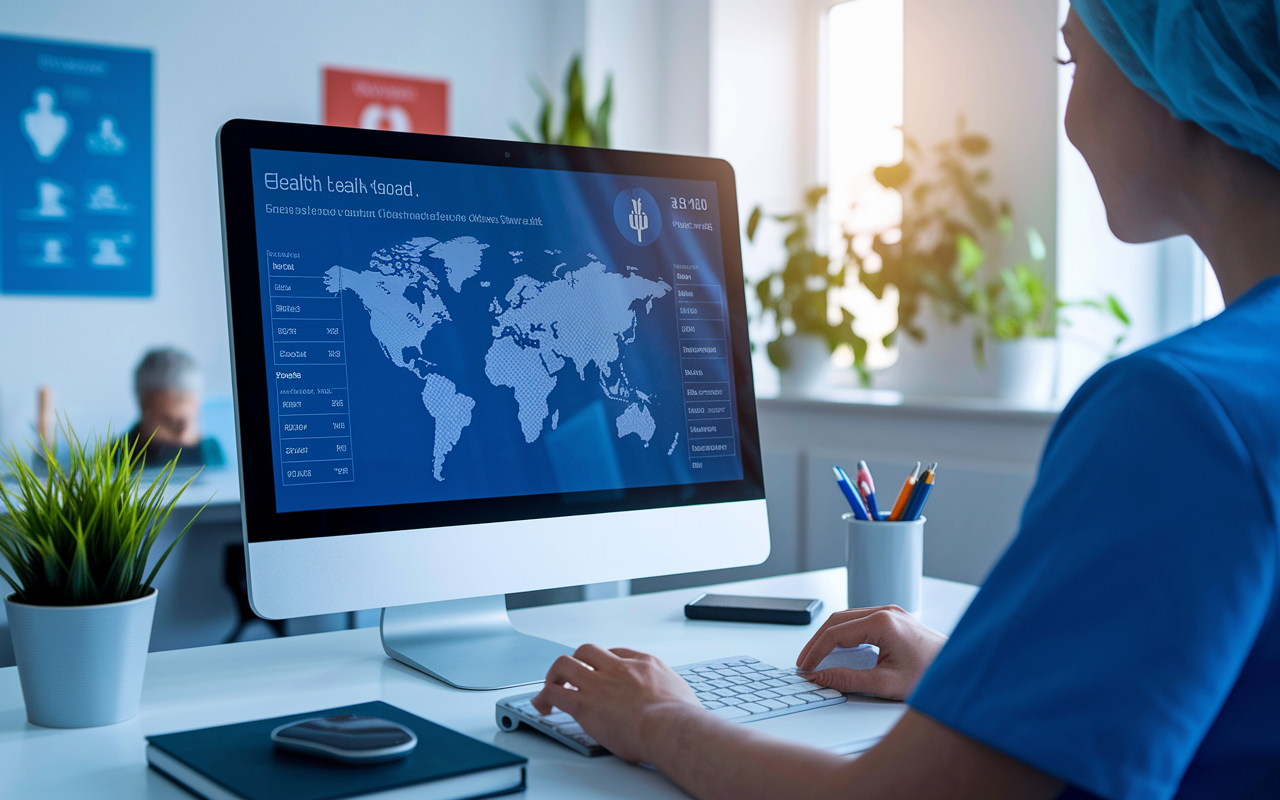 A modern healthcare office scene with a healthcare worker logging patient data into an Electronic Health Record system on a sleek computer. The screen displays detailed patient information connected to global health databases. The room is illuminated by bright, welcoming light enhancing a professional atmosphere, with plants and health posters in the background, symbolizing the integration of technology in healthcare.