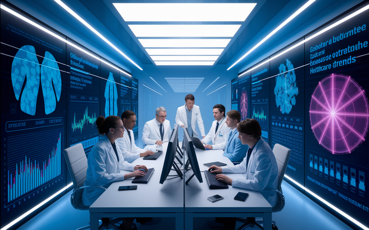 An analytical office environment where researchers are discussing and analyzing data on large digital screens. Bright and futuristic design with graphics showing disease patterns and healthcare trends. The researchers, a diverse group, represent a collaborative effort. Dynamic lighting focuses on the screens, creating an atmosphere of urgency and importance in healthcare decision-making.