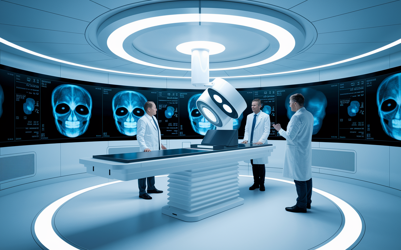 A futuristic medical room where an AI system is analyzing medical imaging data on a high-tech screen. Radiologists are collaborating, observing results that indicate potential health conditions in a patient. The room is bright and sterile, highlighted by glowing screens, emphasizing the cutting-edge technology in enhancing healthcare diagnostics.