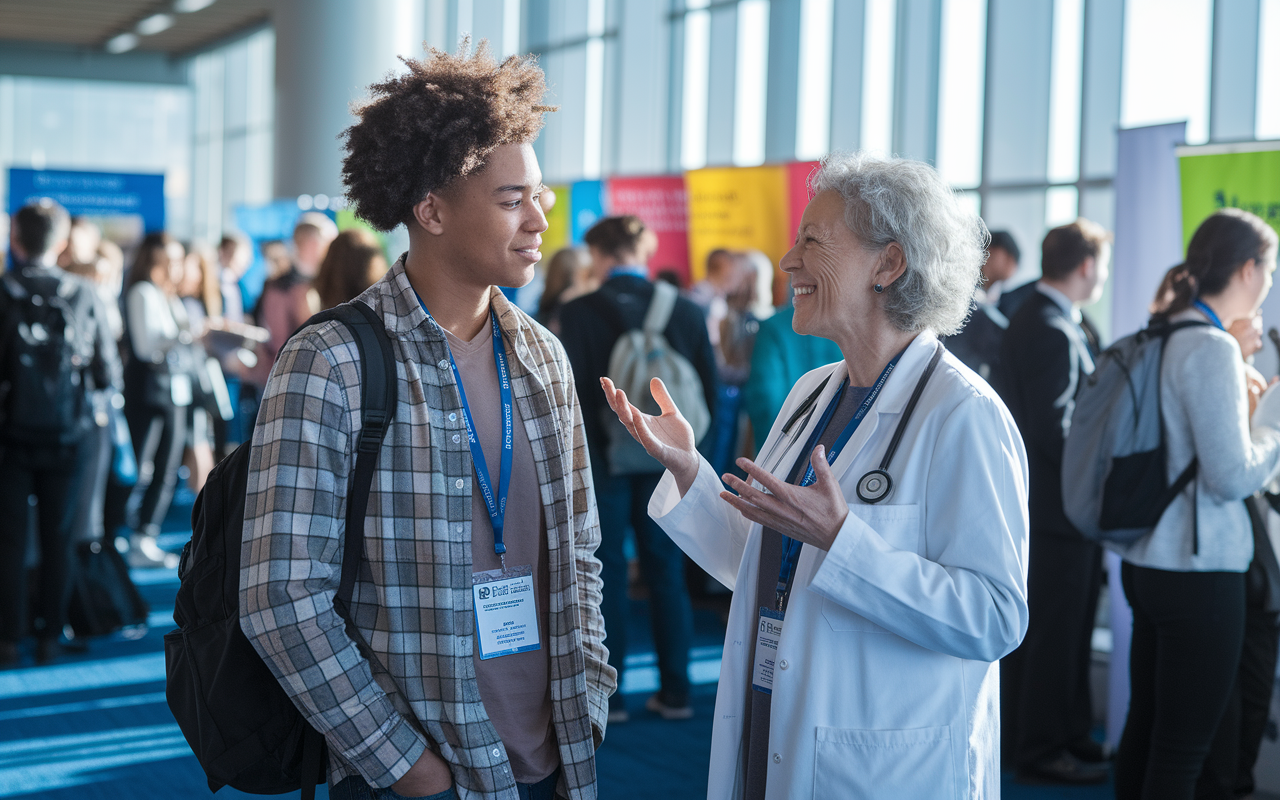 A young IMG standing confidently next to a seasoned physician at a medical conference. The two are engaged in conversation, surrounded by a crowd of diverse attendees. The physician, an older woman in a lab coat, gestures animatedly while the IMG listens attentively. Bright conference banners and informational booths create a lively atmosphere. Natural daylight filters through large windows, casting soft shadows and emphasizing the warmth of their interaction.