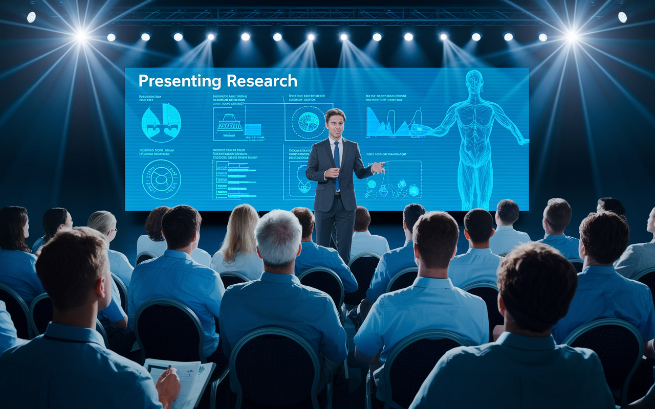 An IMG presenting research at a medical conference. The backdrop features a large screen displaying complex medical graphics. The audience, a diverse group of medical professionals, is engaged and taking notes. The IMG is a young man in a suit, confidently speaking into a microphone, with bright lights illuminating the stage. The atmosphere is charged with enthusiasm and intellectual curiosity.