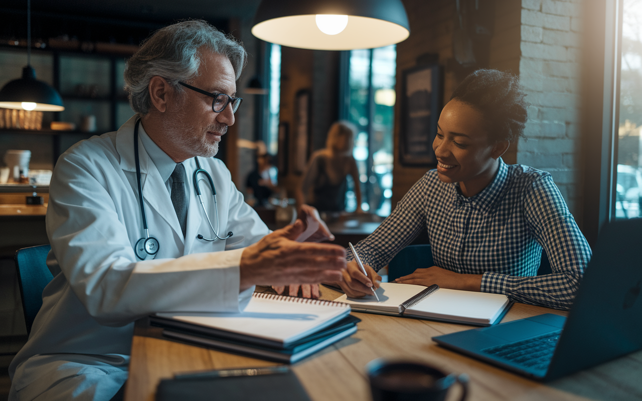 A heartwarming scene of a mentor-mentee relationship in a cozy coffee shop. An older physician, with gray hair and glasses, offers guidance to a younger IMG who is taking notes earnestly. The table is filled with medical textbooks and a laptop. Soft lighting from overhead creates a nurturing atmosphere, highlighting the connection and exchange of ideas between the two.