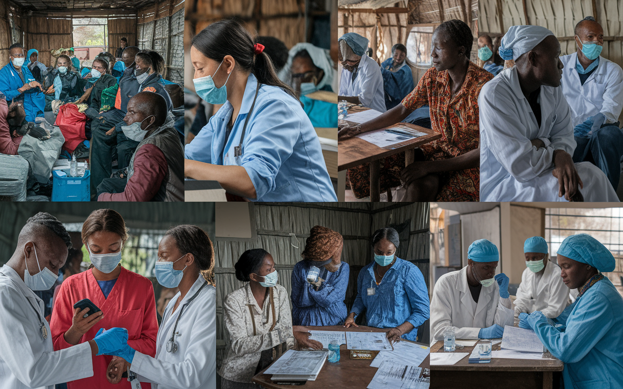 A collage illustrating the various challenges faced by global health workers. The composition includes scenes of a caregiver managing an emergency in a packed rural clinic, community health workers conducting education sessions in a village, and researchers analyzing data in makeshift laboratories during crises. Elements such as scarcity of supplies, cultural interactions, and oppressive political backdrops create a narrative of struggle, portrayed through intense expressions and a somber color palette, enhancing the feeling of urgency and dedication within healthcare leadership.