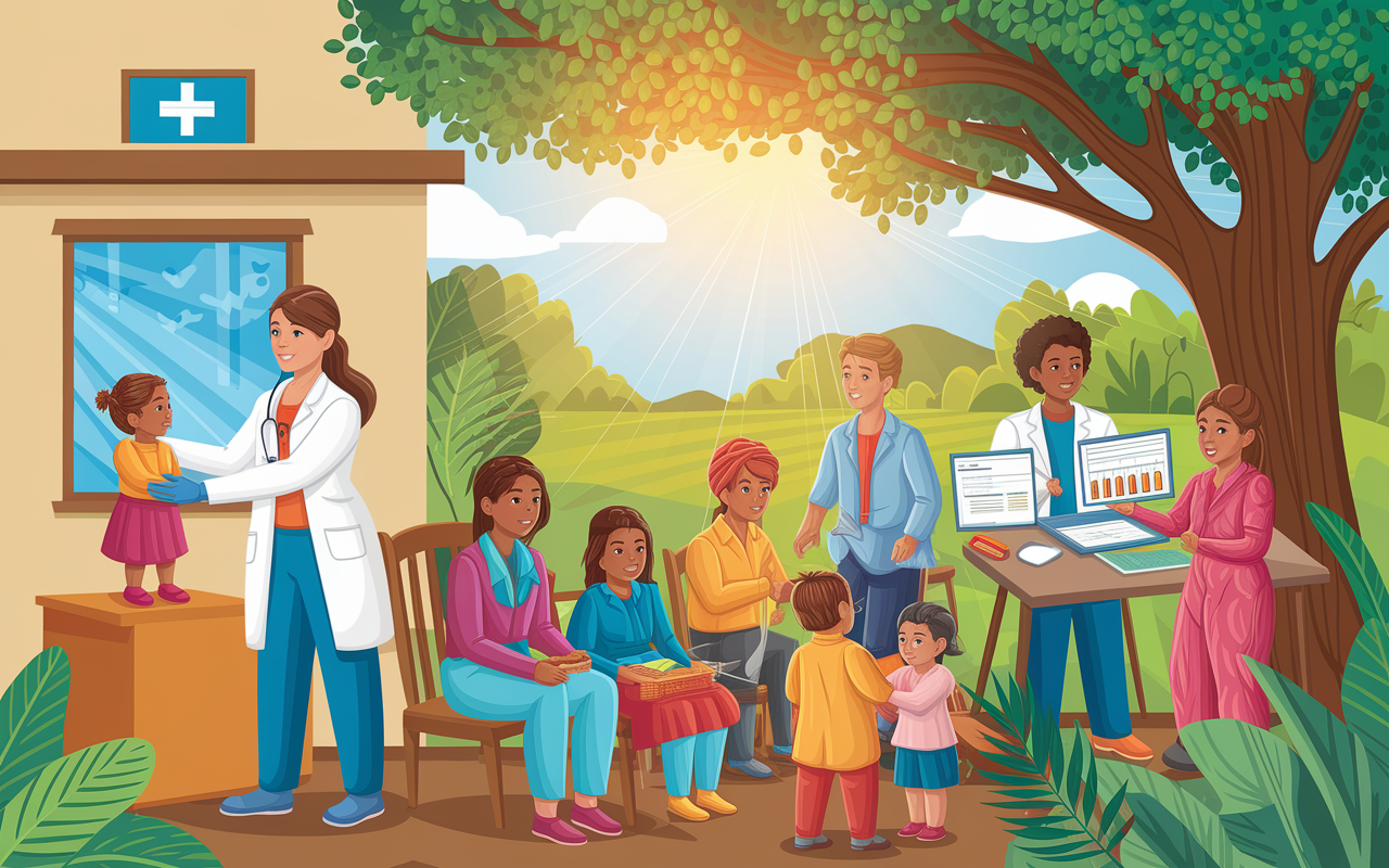 An engaging scene portraying the diverse roles of global health workers in action. A doctor examines a child in a clinic, while a community health worker discusses nutrition plans with families in rural settings. An epidemiologist reviews statistics at a makeshift office under a tree, and a health educator holds a community workshop on disease prevention. The environment is lively and colorful, capturing the essence of hope and education with sunlight filtering through the trees, symbolizing growth and community empowerment.