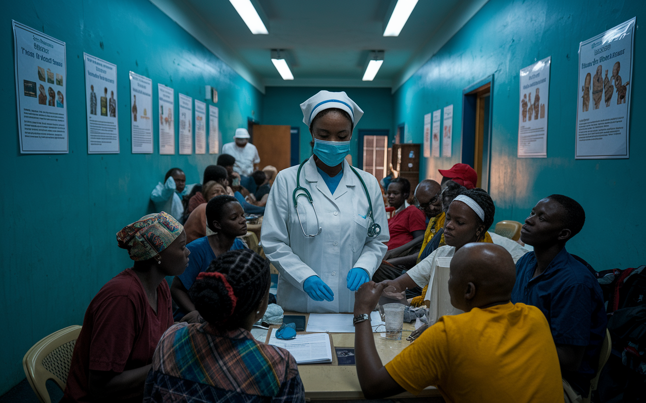 A dramatic portrait of Nurse Fiona in her clinic in the Eastern Democratic Republic of the Congo, surrounded by patients in a busy healthcare setting during an Ebola outbreak. She appears diligent yet compassionate, wearing PPE and engaging with her patients. The walls of the clinic are adorned with educational posters highlighting health information. The atmosphere is tense yet hopeful, with soft overhead lighting highlighting her determination and the spirits of those she helps, illustrating the connection between resilience and care.