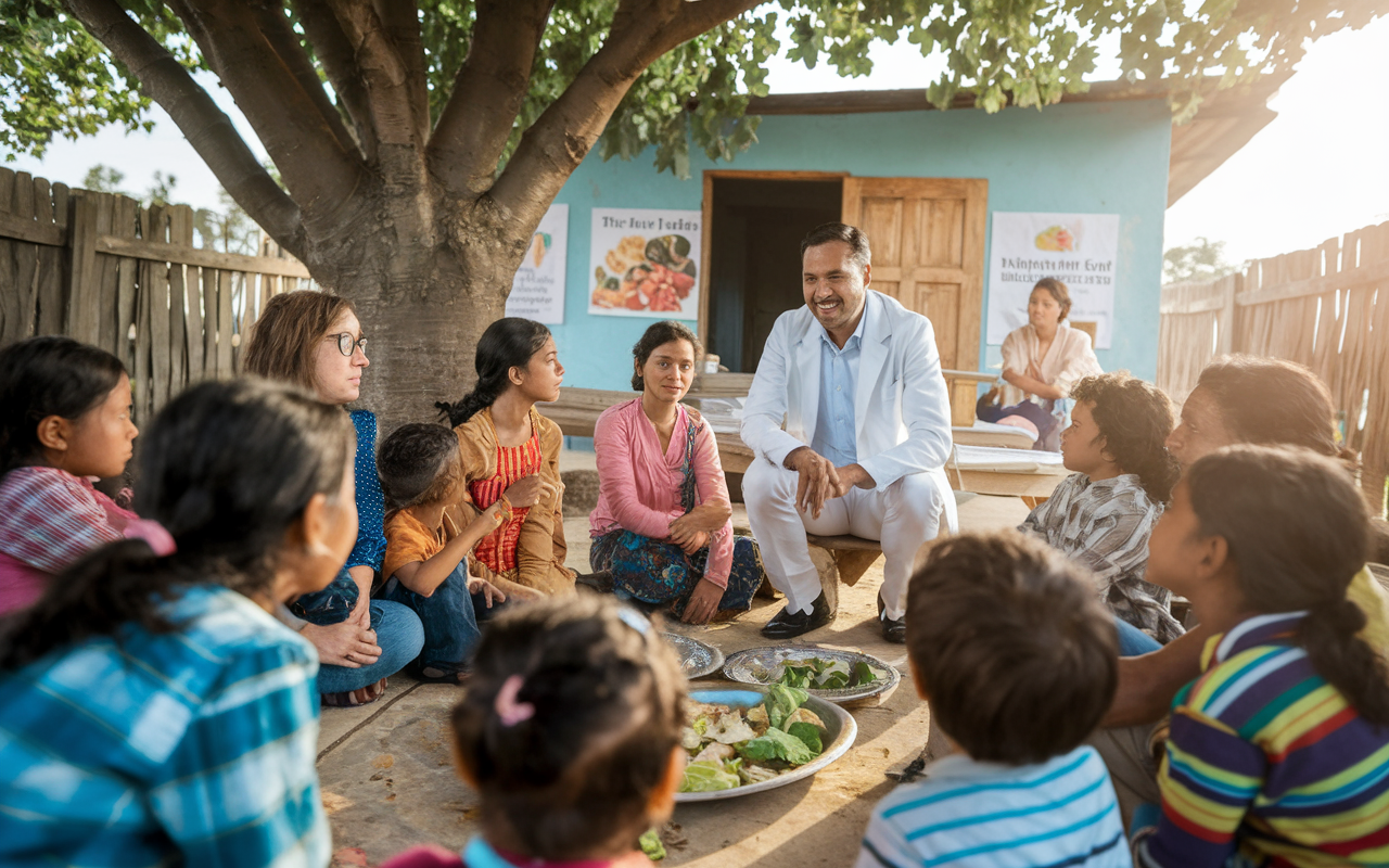 A vibrant scene capturing Dr. Amit conducting a parent education session in rural India. Families are attentively listening as he explains nutrition and hygiene practices, surrounded by children. The clinic is a simple structure under a large tree, with posters of healthy food choices visible. The warm sunlight illuminates the scene, creating an atmosphere of hope and community engagement, showcasing the importance of education and collaboration in health improvement.