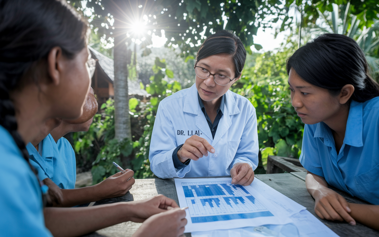 A focused scene of Dr. Lila conducting research in a Southeast Asian village affected by climate change. She is seen discussing health data with local students, surrounded by lush greenery and evidence of environmental change. The atmosphere feels collaborative and hopeful, with the sun shining through the trees, highlighting the urgency and impact of her work while showcasing the community's involvement in public health research.